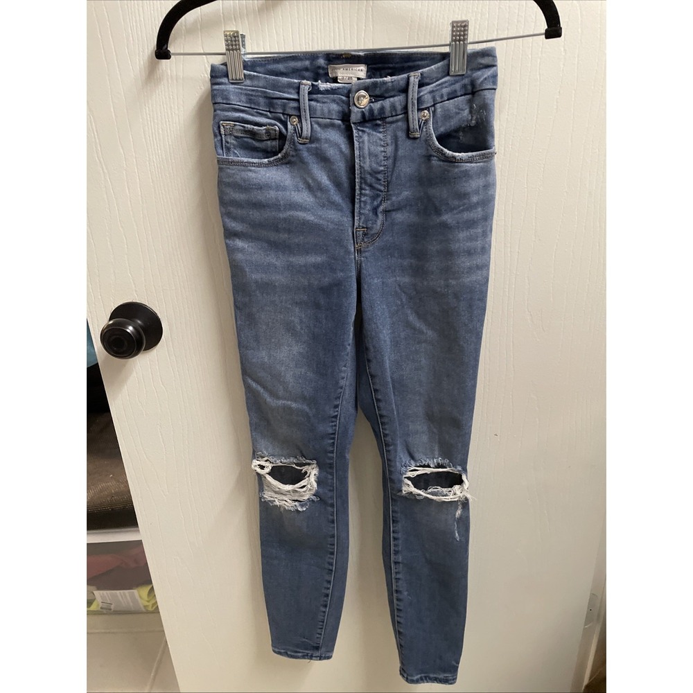 Good American Skinny Mid Wash Ripped Knee Distressed Jeans 0 / 25